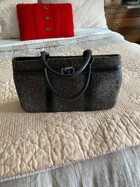 LOFT Black and Gray Herringbone Tote